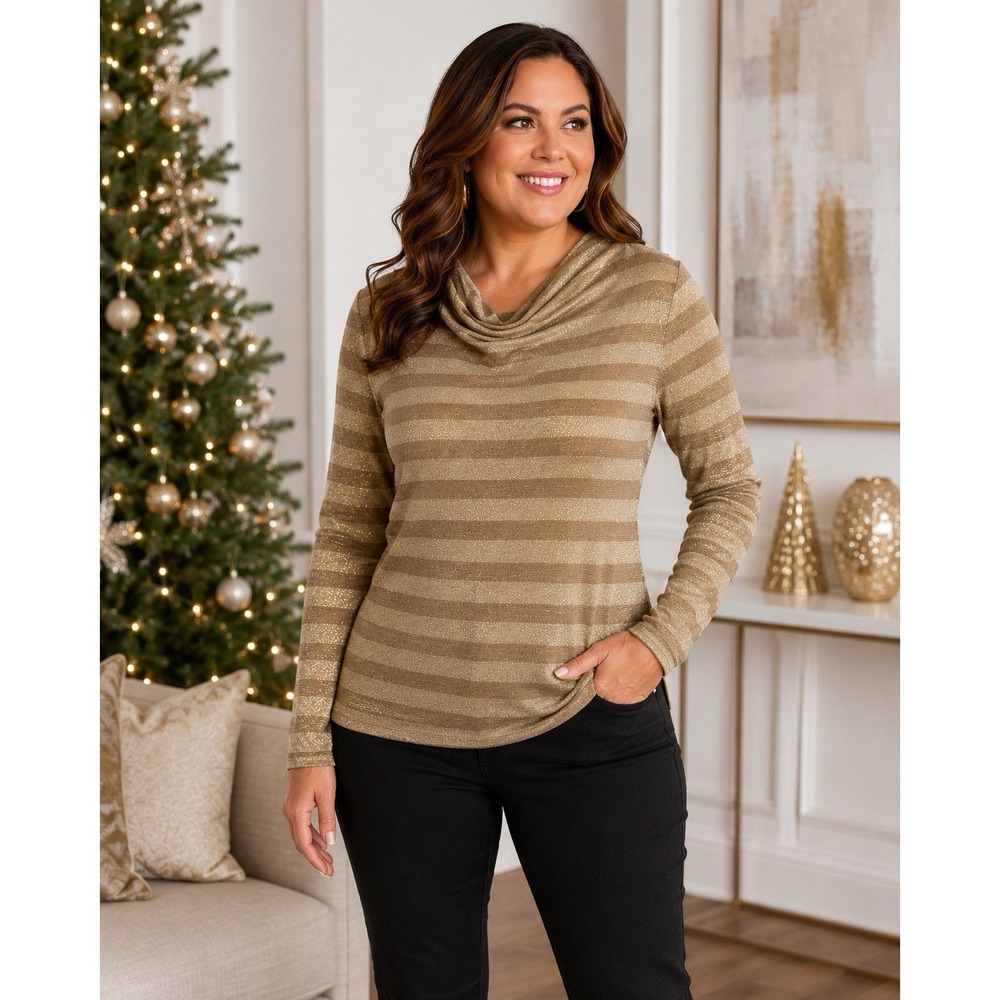 Jones New York Signature Woman 1X Metallic Gold Stripe Cowl Neck Sweater NWT